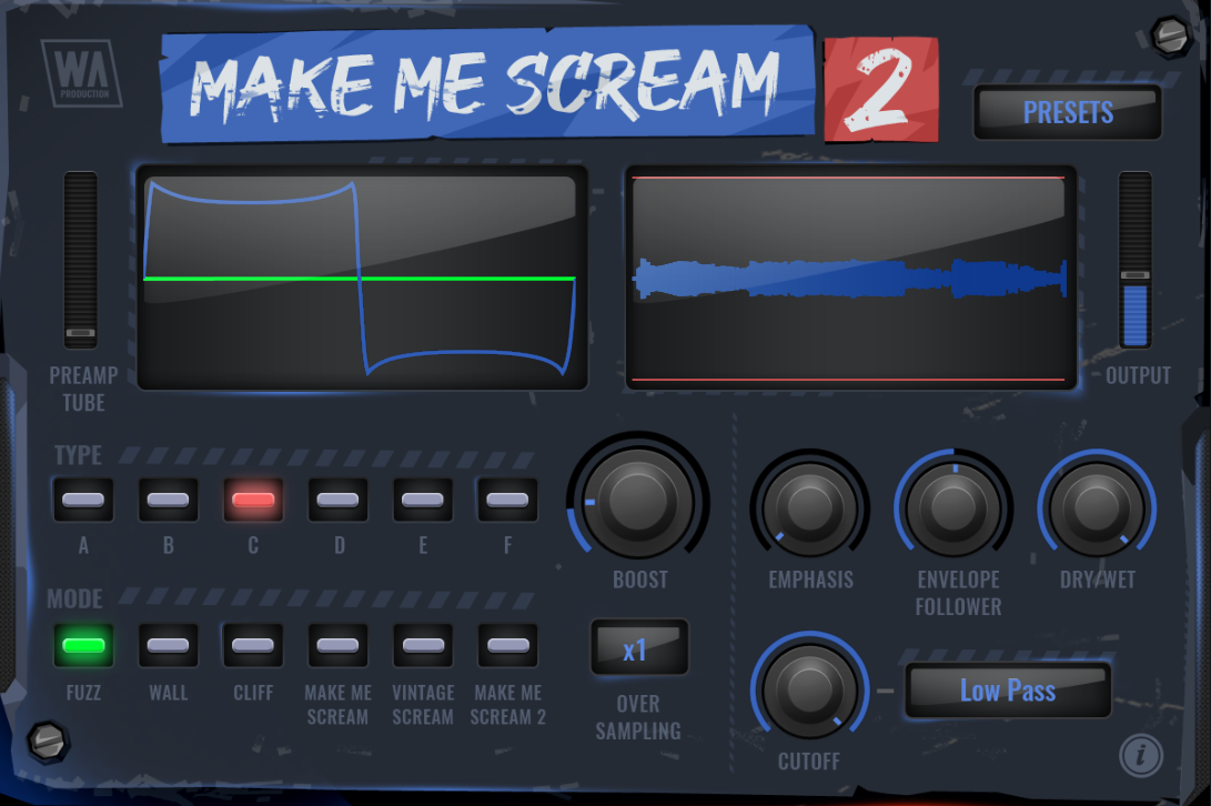 Make Me Scream 2 操作介面:失真類型、音色模式與濾波控制